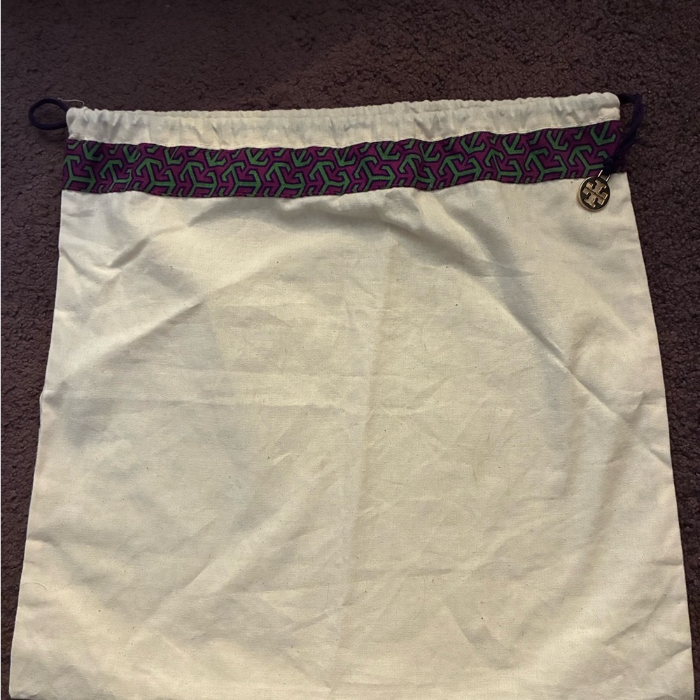 Tory Burch Drawstring Cotton Dust Bag w Gold tone Logo Charm NEW